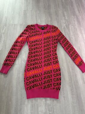 Just Cavalli Hot Pink Knit Logo Sweater with Orange and Black Accents